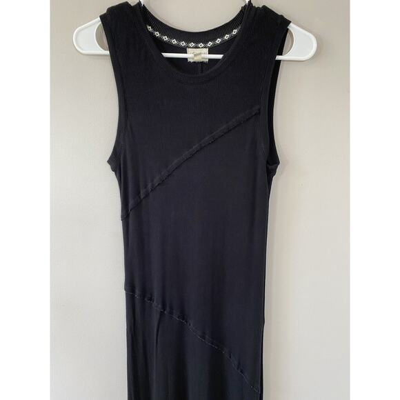 Greige Ribbed Minimalist Black Sleeveless Midi Dress Raw Edge Diagonal Hem LARGE - Picture 3 of 12